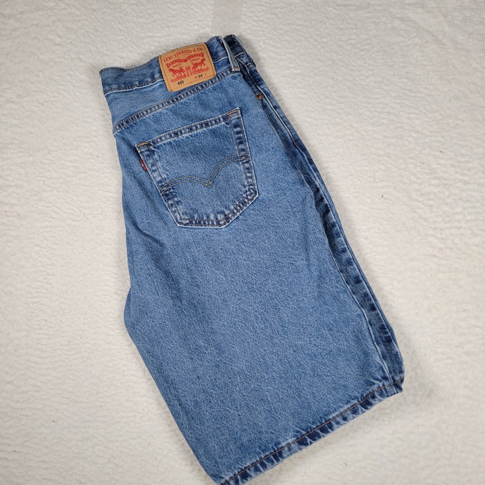 Levis 469 Denim Shorts Mens Size 34 Blue Loose Fit Mid Wash Skater Jorts - Picture 1 of 10